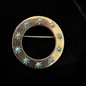 Vintage 1 1/4” Gold Filled Circle Pin set w/10 Turquoise Stones in Etched Stars